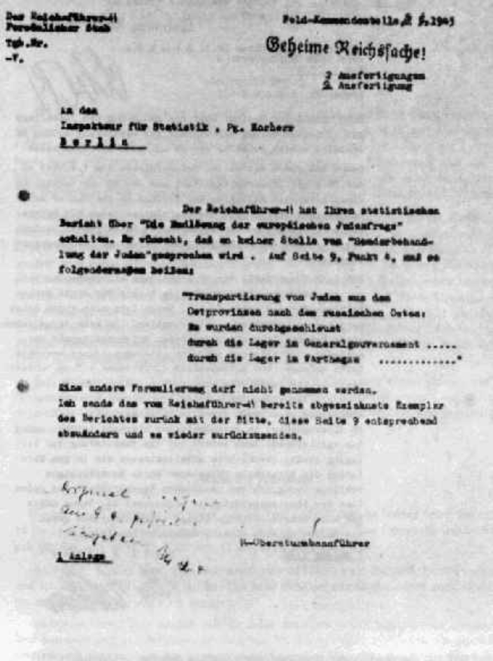 Himmler wies Korherr in einer Antwort auf den Bericht an, auf den Begriff der "Sonderbehandlung" im Kontext der Judenvernichtung zu verzichten. Das NS-Regime vermied es, schriftliche Beweise über die Gräueltaten zu hinterlassen. Trotz aller Verschleierungsversuche sind zahlreiche Quellen bis heute erhalten und entschlüsselt. (Faksimile).
