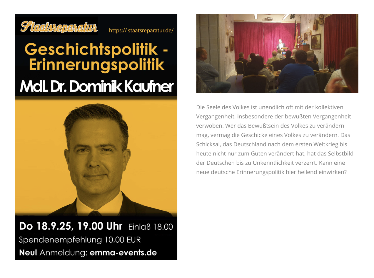 Der brandenburgische Landtagsabgeordnete Dominik Kaufner sprach am 18. September 2025 in der „Staatsreparatur" über „Geschichtspolitik - Erinnerungspolitik".