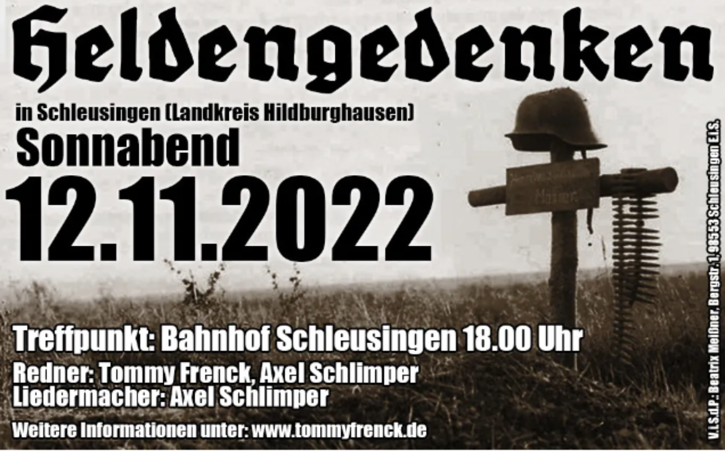 In Fraktur-Schrift lud Frenck 2022 zum geschichtsrevisionistischen "Heldengedenken" in seinen Heimatort Schleusingen ein. 