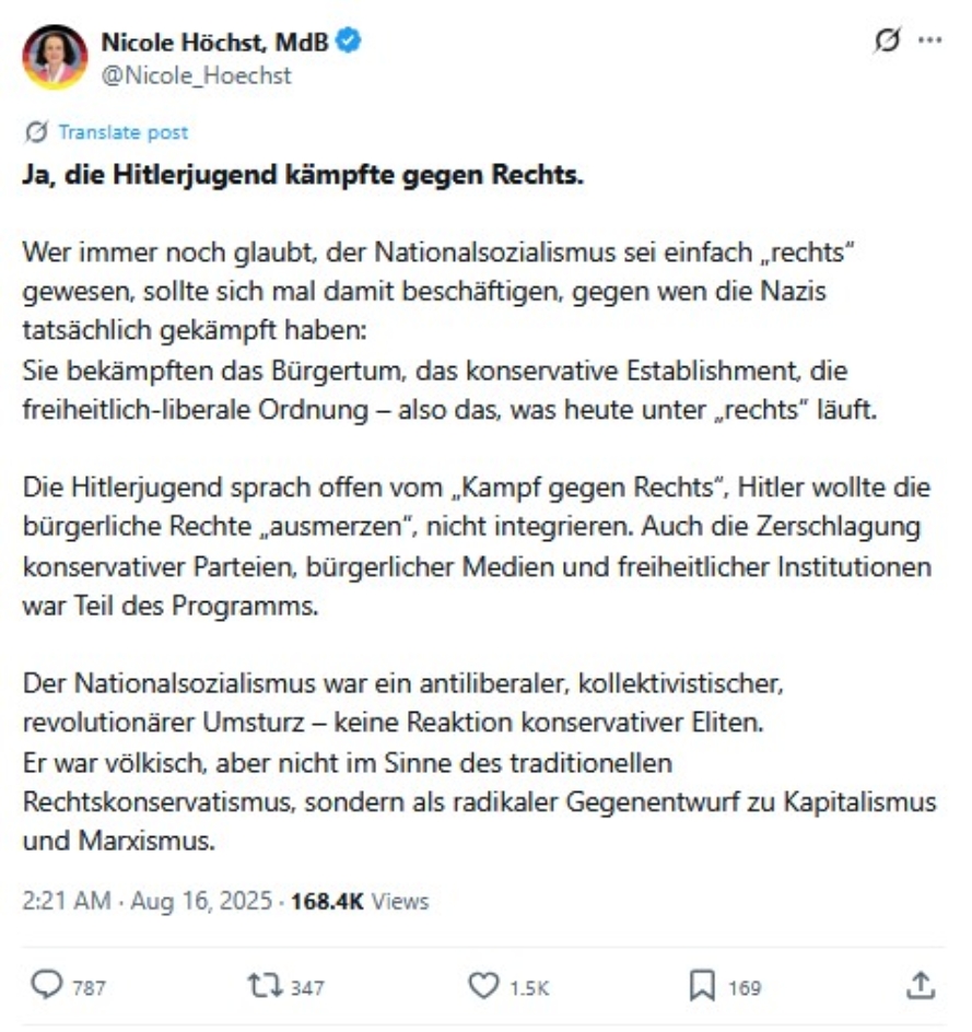 Nach öffentlicher Kritik relativierte Höchst ihre Aussage: Die Nationalsozialisten hätten gegen „das Bürgertum, das konservative Establishment, die freiheitlich-liberale Ordnung – also alles, was heute unter ‚rechts‘ läuft“ gekämpft. 