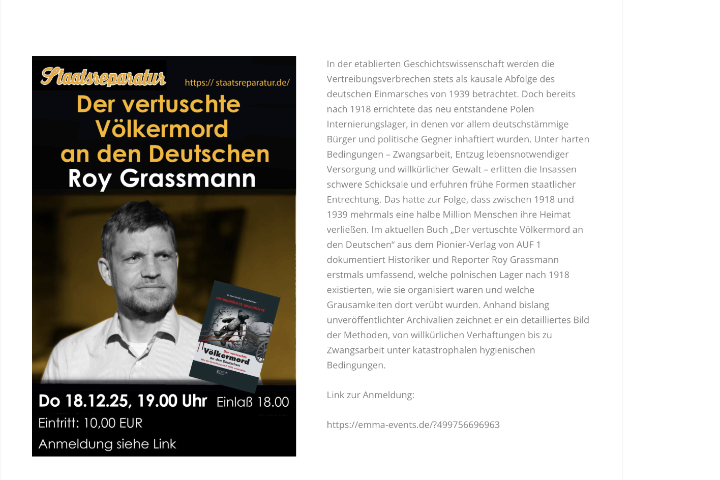 Roy Grassmann stellte seinen Beitrag aus „Der vertuschte Völkermord an den Deutschen“ am 18. Dezember 2025 in der Staatsreparatur vor. 