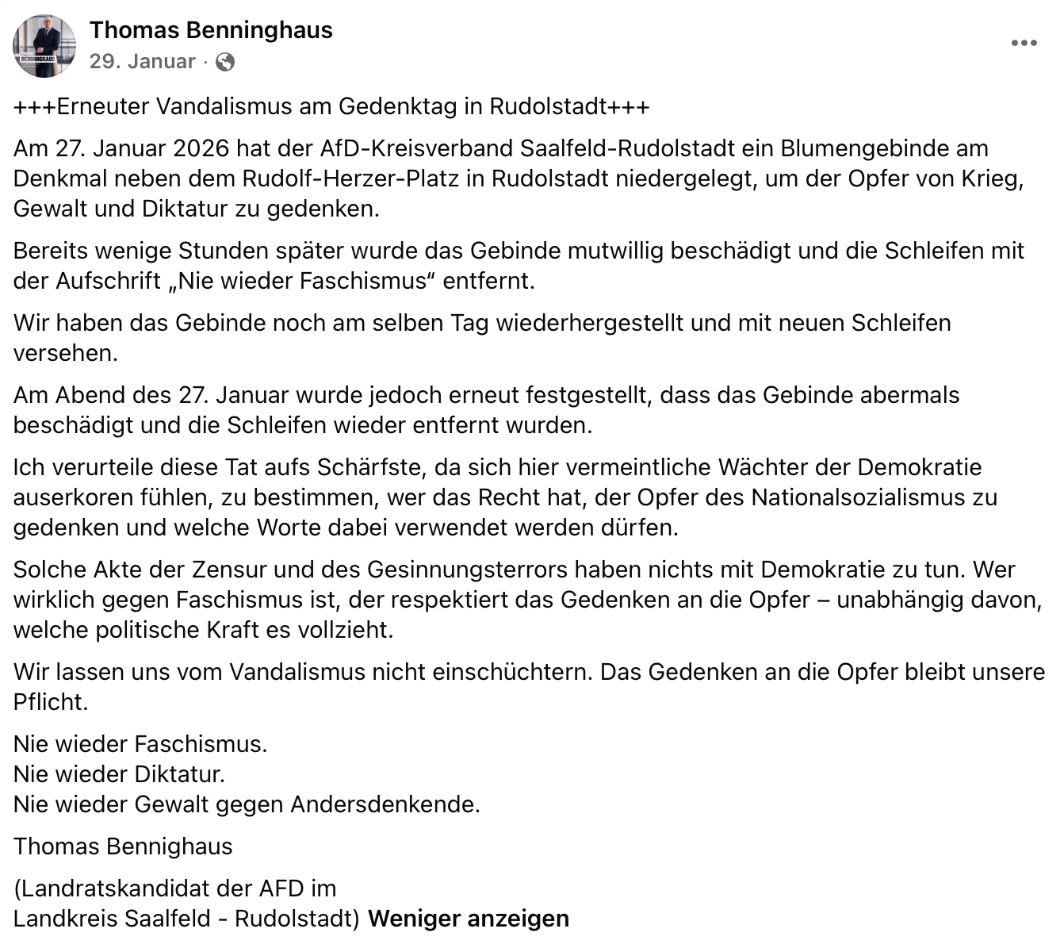 Nachdem das ursprüngliche Gebinde von Unbekannten entfernt worden ist, warnte Benninghaus vor „Gesinnungsterror“ und „Gewalt gegen Andersdenkende“. 