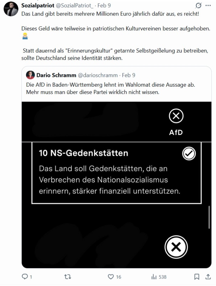 Auf X.com wies Sebastian Ruth, der unter dem Pseudonym „Sozialpatriot“ auftritt, die etablierte Erinnerungskultur als angebliche „Selbstgeißelung“ zurück. Stattdessen forderte er, entsprechende staatliche Mittel in patriotische Kulturvereine zu investieren, um die deutsche Identität gezielt zu fördern.