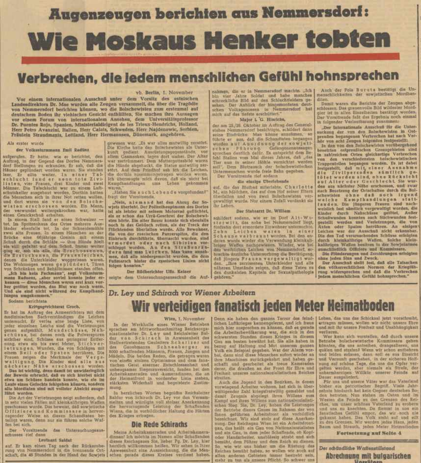 Der „Völkische Beobachter“ berichtete am 2. November 1944 unter der Schlagzeile „Wie Moskaus Henker tobten“ über die Pressekonferenz in Berlin. 