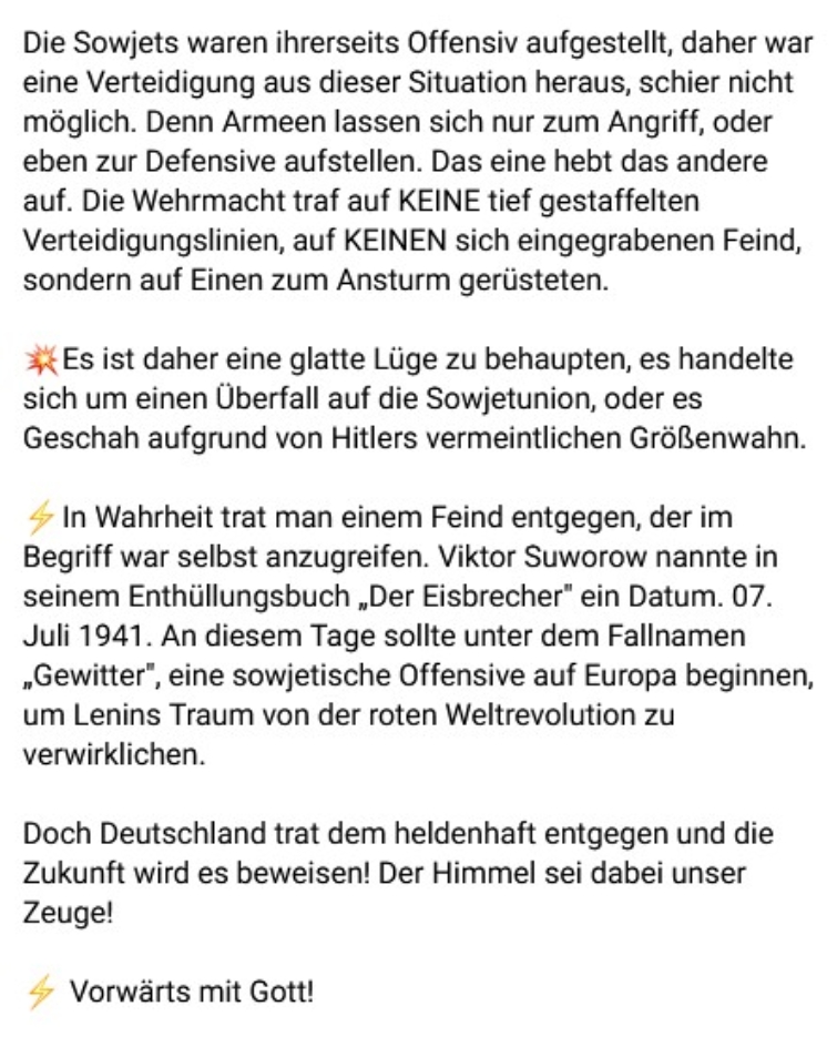 In dem Posting wurde nicht nur auf Viktor Suworow als vermeintlichen Kronzeugen verwiesen, sondern auch die mangelnde sowjetische Defensive als "Beweis" für die angeblichen Angriffspläne gewertet.