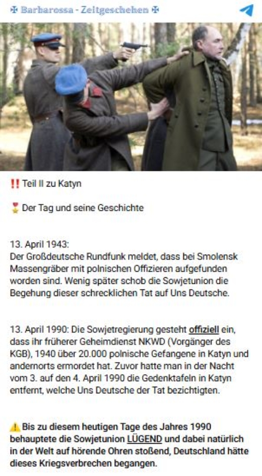 Ein rechtsextremer Telegram-Kanal verbreitete am 13. April 2025, dem Jahrestag der NS-Propagandaaktion, einen Post zu Katyn. 