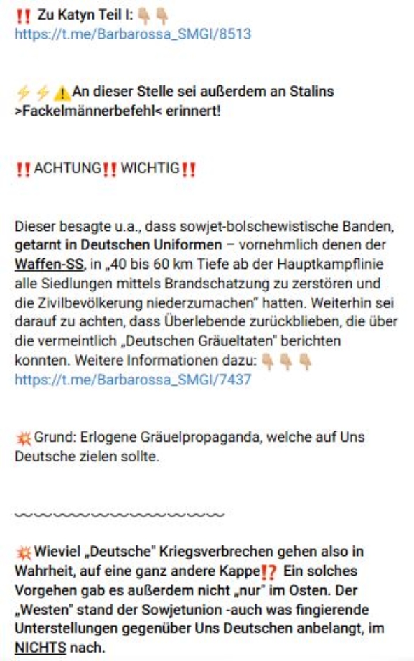 In dem Posting soll mit dem Verweis auf Katyn Zweifel an tatsächlichen NS-Verbrechen gesät werden. 