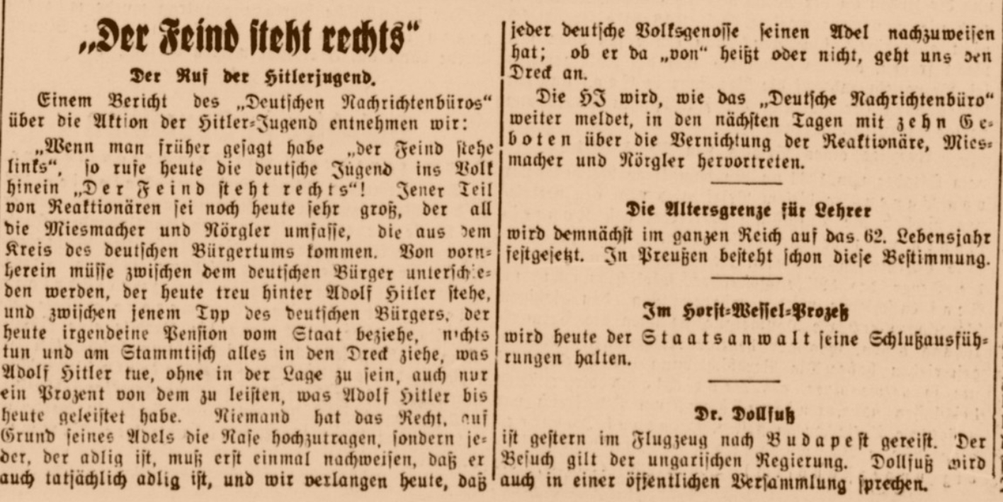 Ausschnitt der Titelseite aus der von Neuhof zitierten Bonner Ausgabe der Deutschen Reichs-Zeitung vom 15. Juni 1934. Die Hetzte gegen "Reaktionäre" war Teil einer gezielten Kampagne, um von den wirtschaftlichen Schwierigkeiten abzulenken.