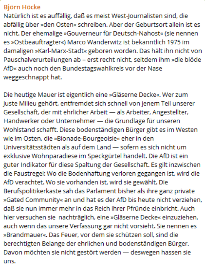 Im Posting anlässlich des 03. Oktober 2024 versuchte Höcke einen Bogen vom "antifaschistischen Schutzwall" der DDR zur Trennung zwischen "Bodenständigen Arbeitern" und der "Bionade Bourgeoise" und dann zur Brandmauer gegen die AfD zu schlagen. 