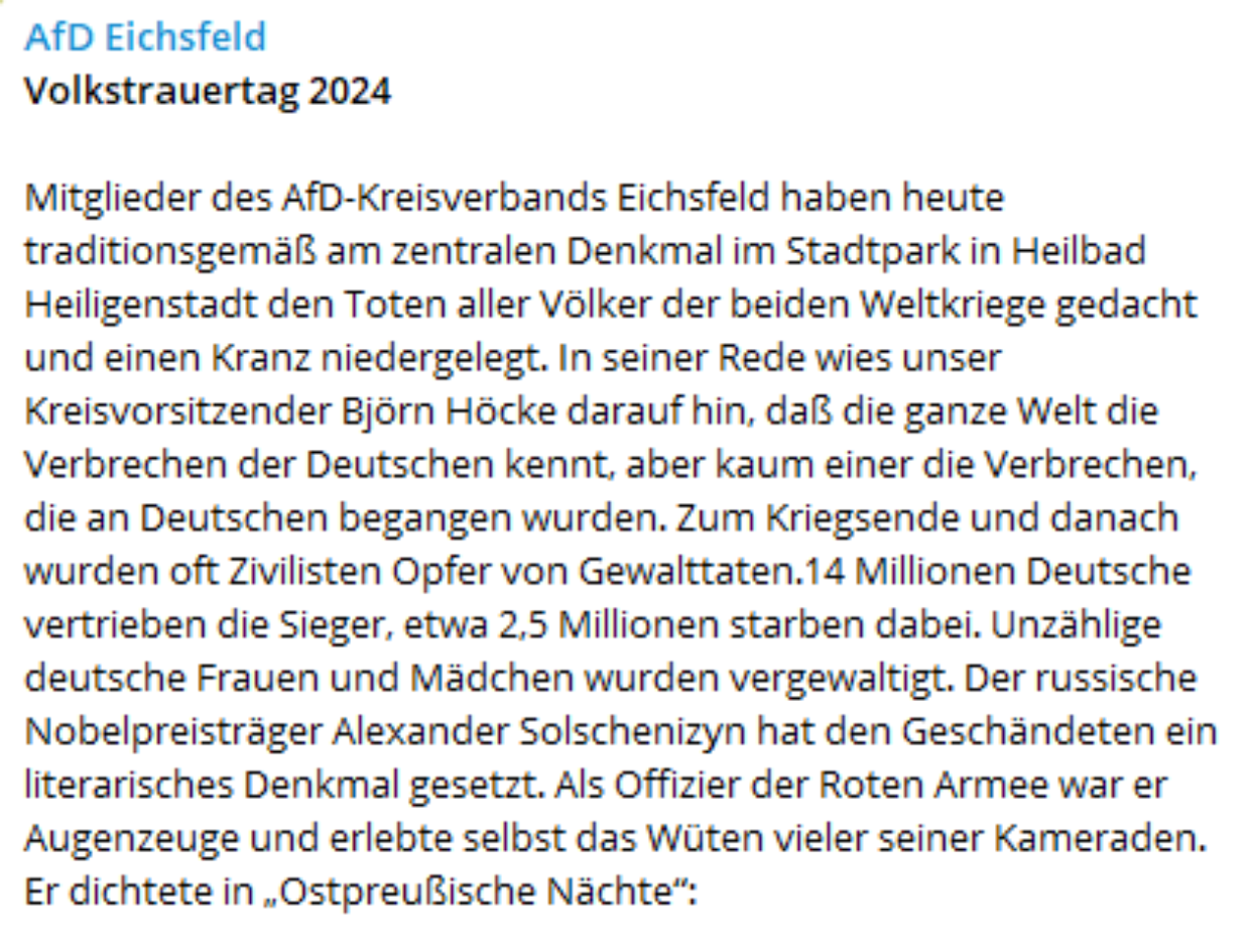 Post im Telegram-Kanal der AfD Eichsfeld: Höcke betonte in seiner Rede vor allem die deutschen Opfer von Flucht und Vertreibung. 