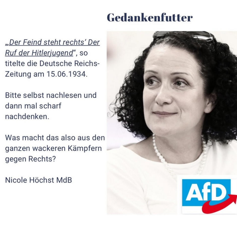 Die Bundestagsabgeordnete Nicole Nöchst teilte auf Social Media die Propagandameldung der Deutschen-Reichszeitung vom 15. Juni 1934. Dabei zog sie eine Parallele vom angeblichen Kampf der Hitlgerjugend gegen rechts zu heutigem Engagement gegen Rechtsextremismus.
