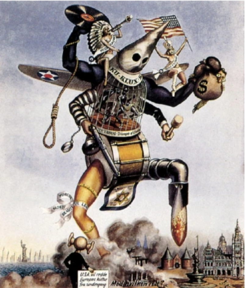 Die im Text verwendete Karikatur entstammt einer niederländischen SS-Zeitung aus dem Jahr 1944. Neben zahlreichen antiamerikanischen Stereotypen, die z.T. schon vor der NS-Zeit in Deutschland verbreitet waren, lassen sich auch mehrere konkrete historische Bezüge ausmachen: So steht z.B. der Boxhandschuh am linken, oberen Arm des "Monsters" für die beiden Boxkämpfe zwischen dem Deutschen Max Schmeling und dem Amerikaner Joe Louis. 