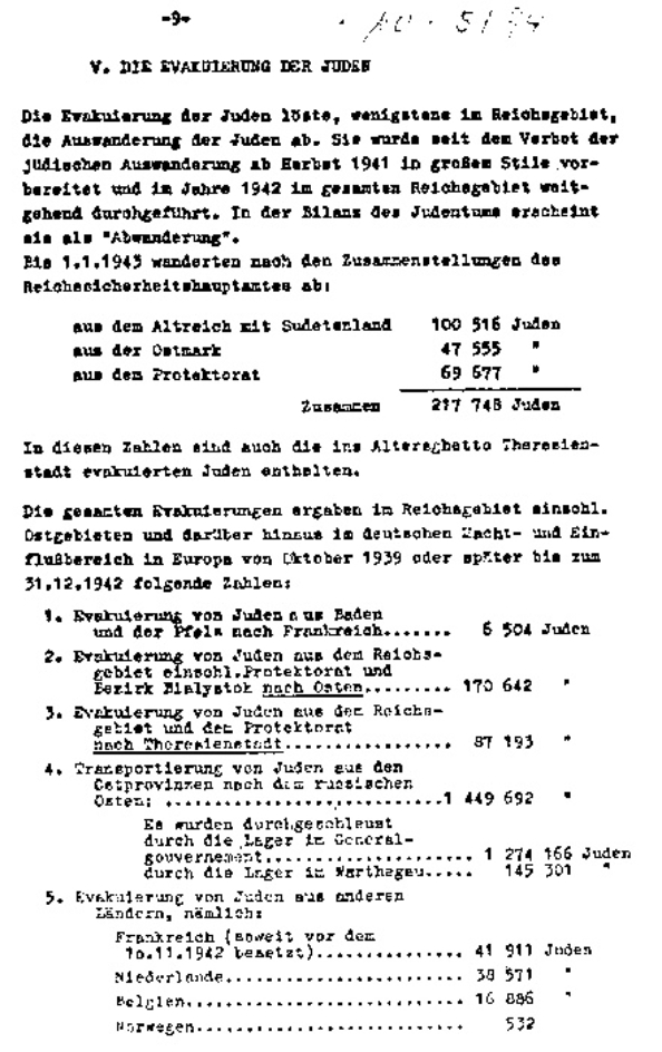 Die Zahlen des Höfle-Telegrams decken sich mit denen des sogenannten Koherrberichts über „Die Endlösung der europäischen Judenfrage“, benannt nach dem Leiter des Statistikamts der SS Richard Korherr. (Faksimile).