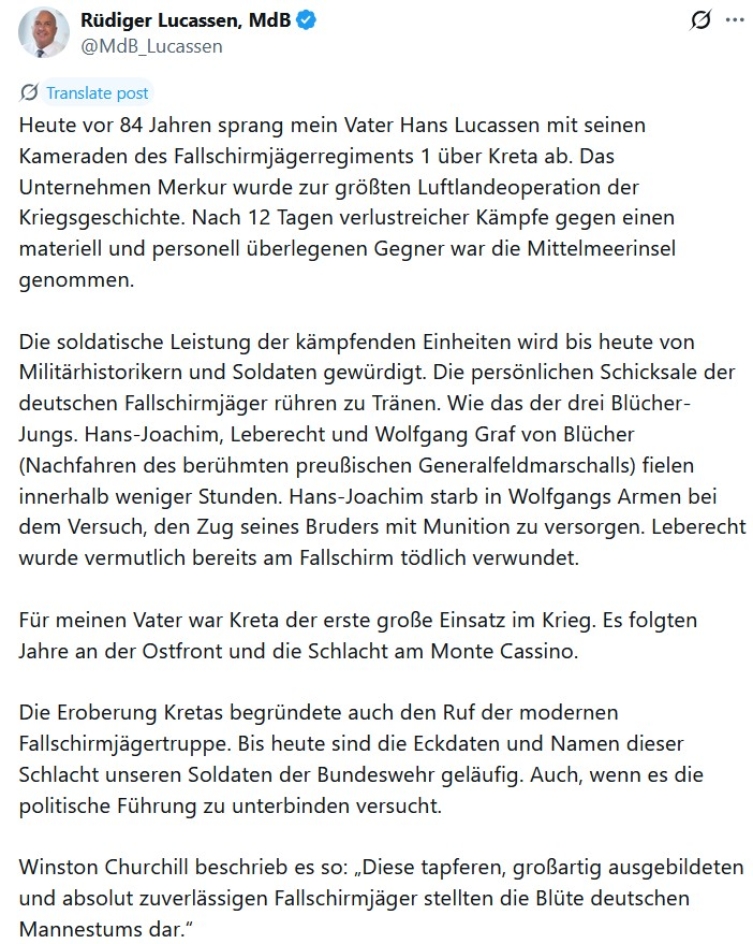 Im Mai 2025 ehrte er den 84. Jahrestag der Landung deutscher Fallschirmjäger 1941 auf Kreta, an der nach eigenen Angaben auch sein Vater beteiligt war. Die dort verübten Kriegsverbrechen erwähnte er hingegen nicht.