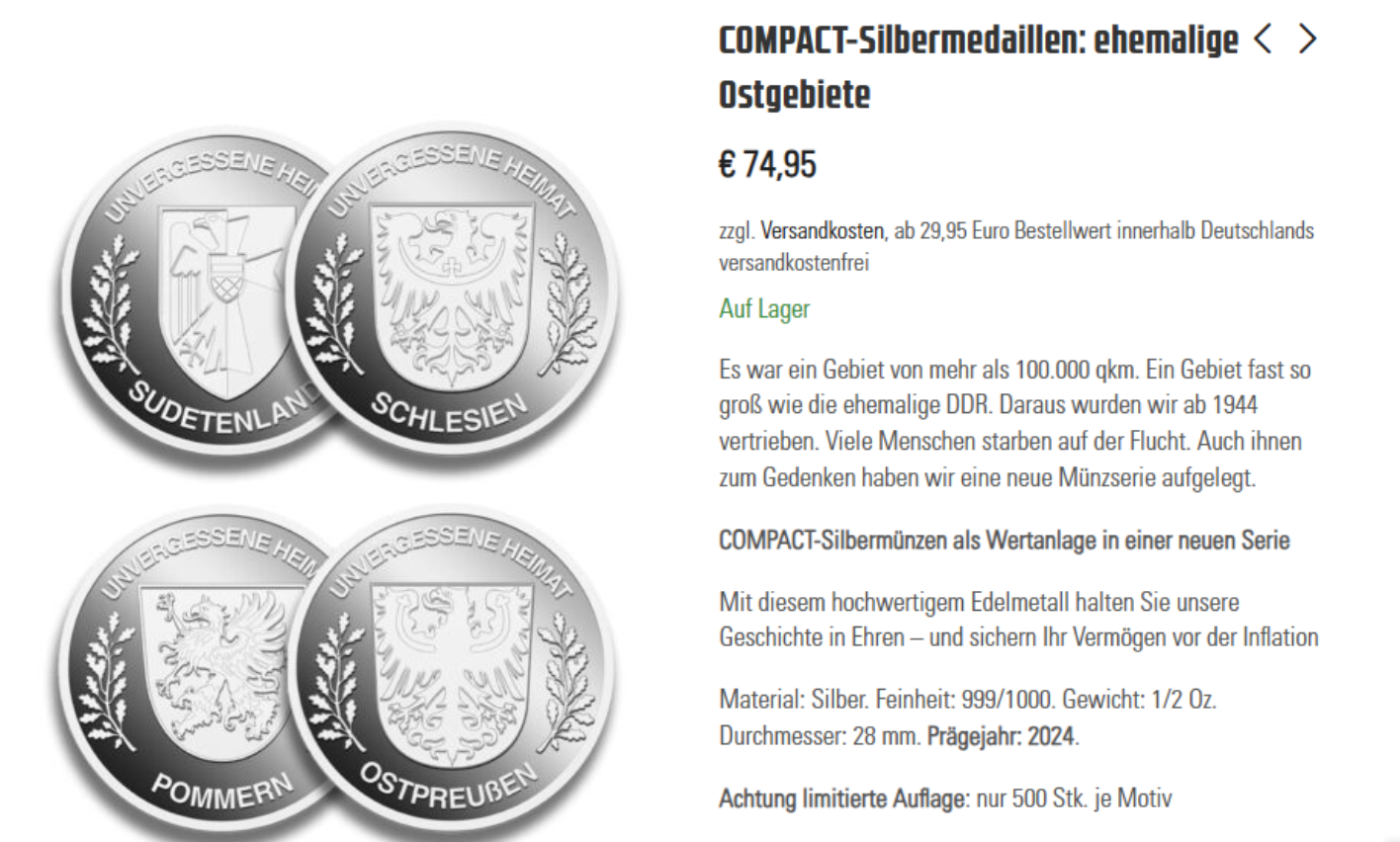 Das rechte Magazin Compact nutzte die Situation für die Vermarktung ihrer geschichtsrevisionistischen Silbermünze, die für 74,95€ im Onlineshop des Magazins erworben werden kann. 