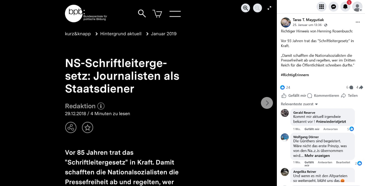 Auf Facebook stellt Maygutiak eine Verbindung zwischen dem nationalsozialistischen Schriftleitergesetz und einer angeblichen heutigen Unterdrückung unerwünschter Meinungen – insbesondere jener der AfD – her. Das Schriftleitergesetz diente jedoch nicht nur der Gleichschaltung der bürgerlichen Presse, sondern vor allem auch dem systematischen Ausschluss von Juden und Jüdinnen aus journalistischen Berufen – unabhängig von deren politischen Überzeugungen.