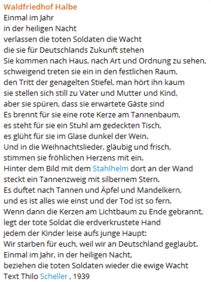 Im Telegram-Kanal "Waldfriedhof Halbe", der mutmaßlich von den Organisator:innen der Aktion betrieben wird, wurde am 24. Dezember ein Gedicht des Nationalsozialisten Thilo Scheller aus dem Jahr 1939 geteilt.