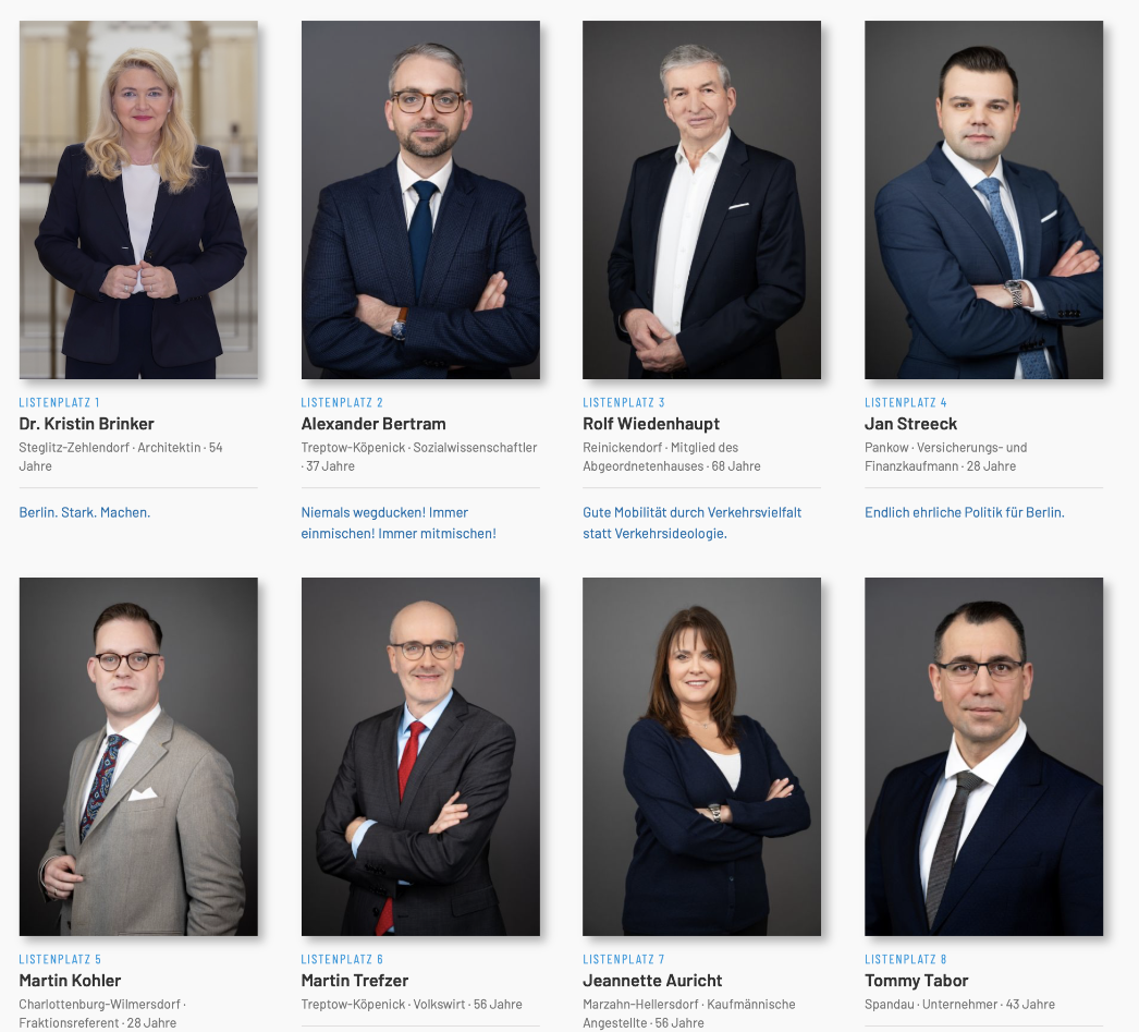 Die Listenplätze 1-8 der AfD für die Wahl der Berliner Abgeordnetenhauses am 20. September 2026. 