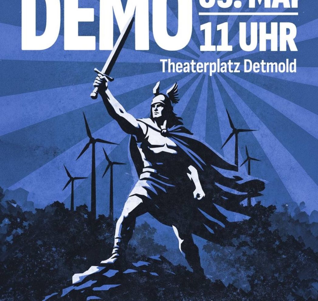Ausschnitt des Plakats zum Demoaufruf „Gegen Windkraft im Teutoburger Wald“, geteilt im Telegram-Kanal der Generation Deutschland NRW am 2. Mai 2026