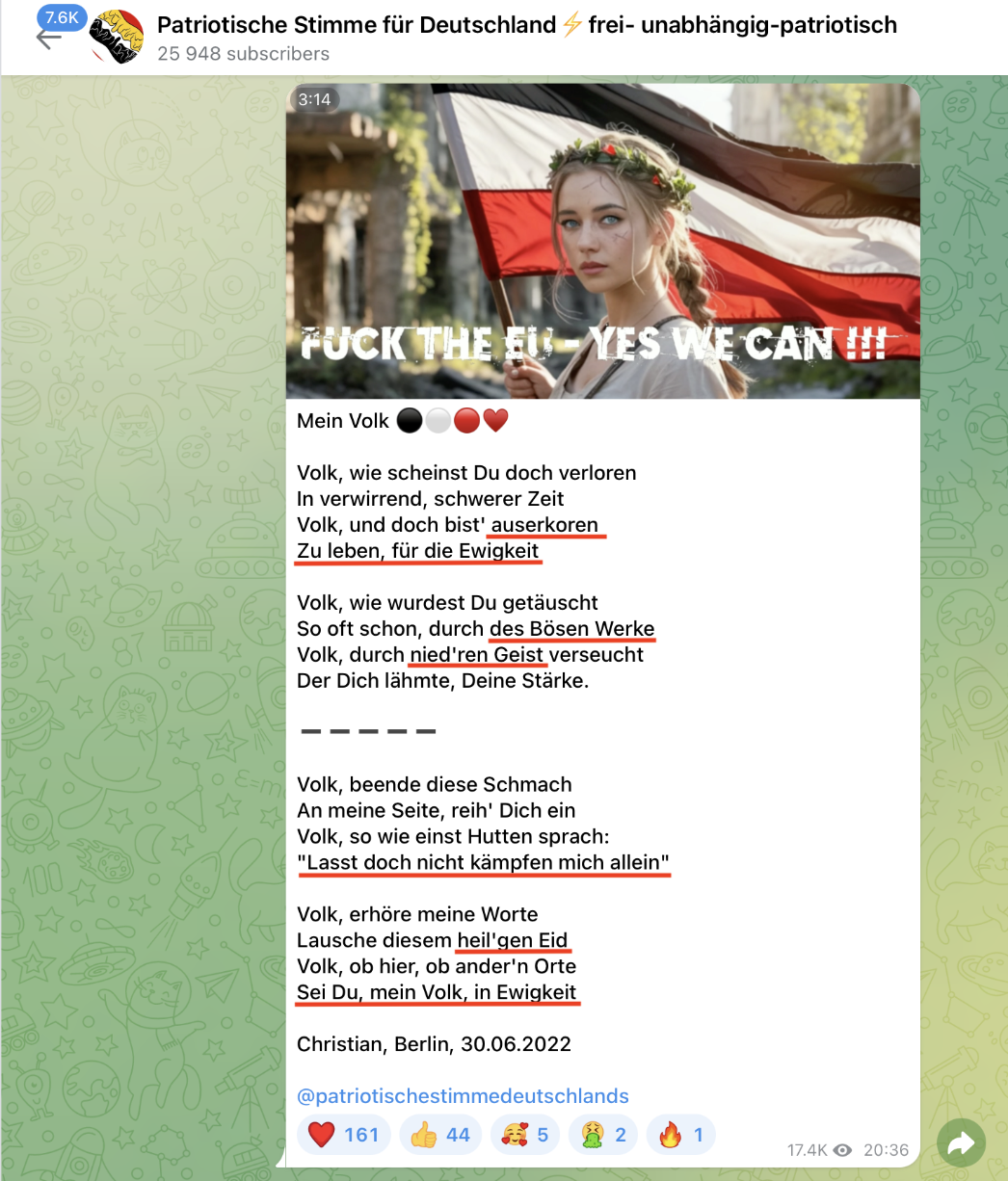 Telegram, Kanal: Patriotische Stimme für Deutschland, frei – unabhängig – patriotisch, 20. Mai 2025 (Screenshot vom 9. November 2025, bearbeitet von Berit Kö)