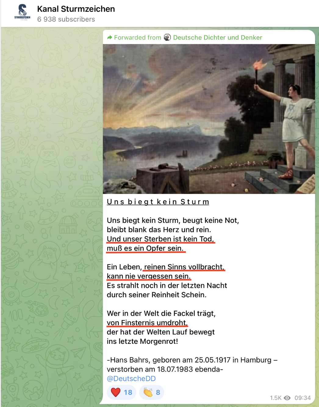 Telegram, Kanal: Kanal Sturmzeichen, 7. Oktober 2025 (Screenshot vom 12. November 2025, bearbeitet von Berit Kö)