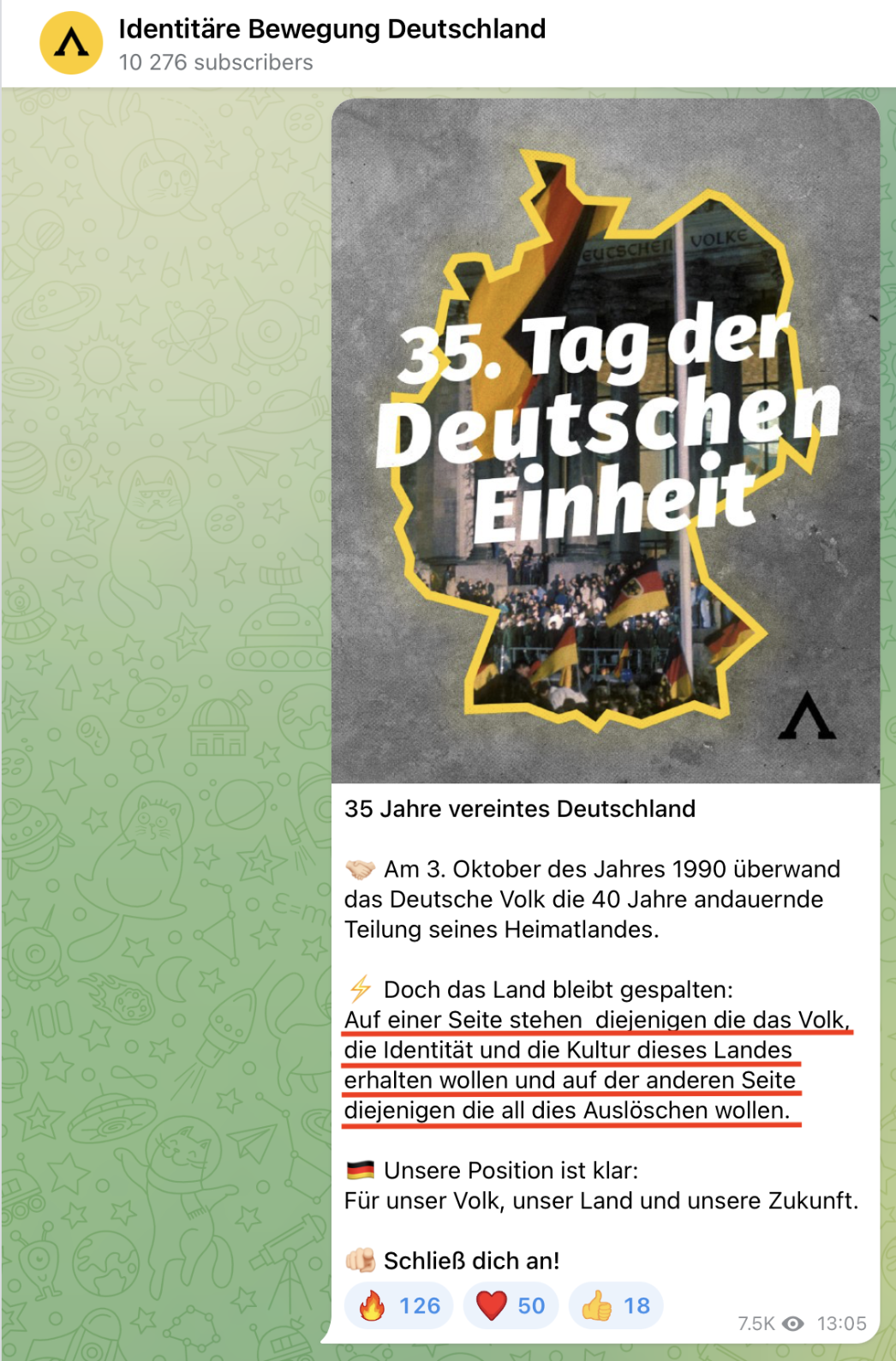 Telegram, Kanal: Identitäre Bewegung Deutschland, 3. Oktober 2025 (Screenshot vom 12. November 2025, bearbeitet von Berit Kö)