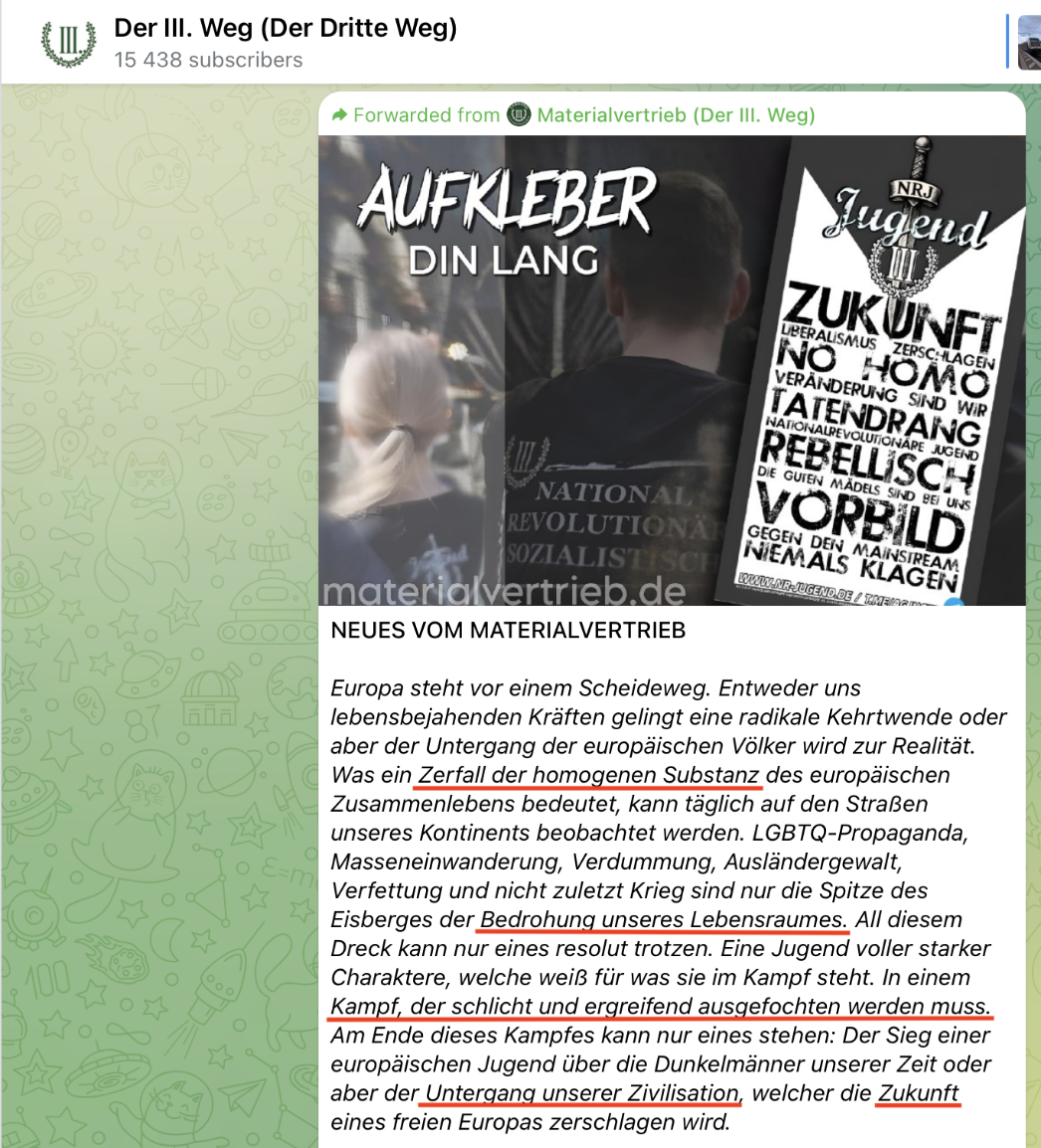 Telegram, Kanal: Der III. Weg, 28. August 2025 (Screenshot vom 12. November 2025, bearbeitet von Berit Kö)