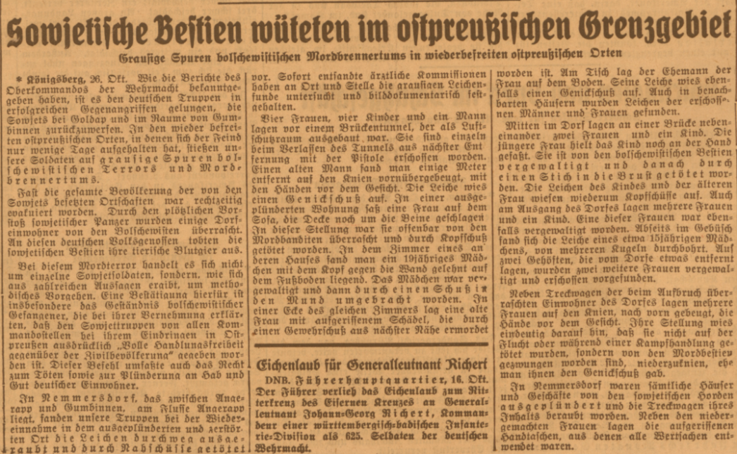  „Der Führer“ aus Baden berichtete am 27. Oktober 1944 unter der Schlagzeilge „Sowjetische Bestien wüteten im ostpreußischen Grenzgebiet“ von Nemmersdorf.