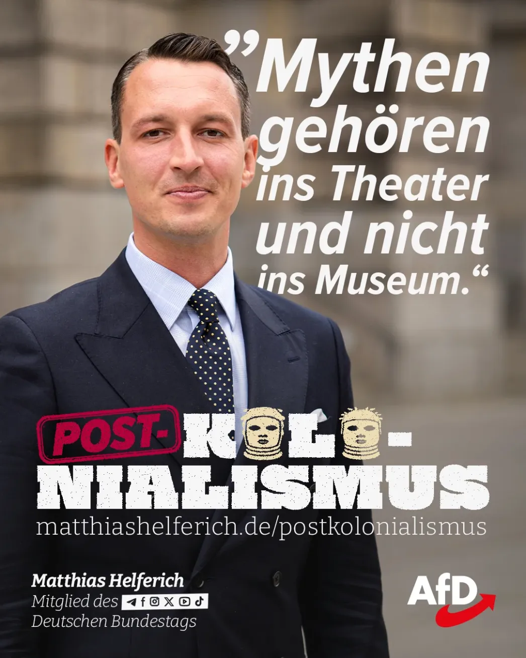 Ankündigung Matthias Helferichs zur Veröffentlichung seiner „Postkolonialismus-Kampagne“ auf seiner Website am 20. April 2026, Screenshot: Berit Kö (10. Juni 2026)