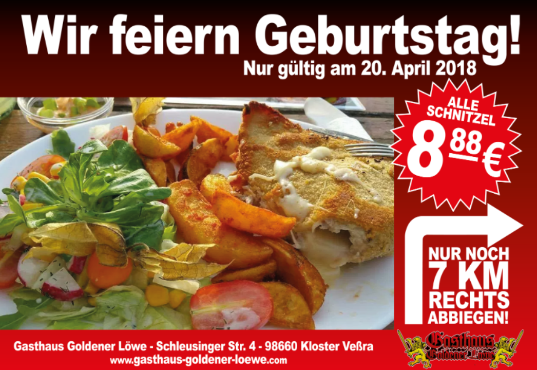 Der Flyer zum "Geburtstagsangebot" am 20.04.2018 soll mit eindeutigen Zahlencodes Frencks Publikum ansprechen. 