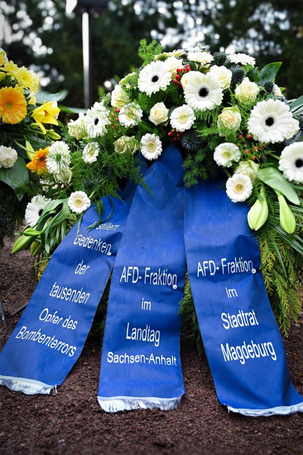 Kränze der AfD am Magdeburger Friedhof am 16. Januar 2026. Quelle: https://www.facebook.com/afdfraktion.lsa/posts/am-16-januar-1945-wurde-magdeburg-innerhalb-weniger-minuten-nahezu-ausgelöscht-d/1343399031164816/, aufgenommen am 14.08.2026.