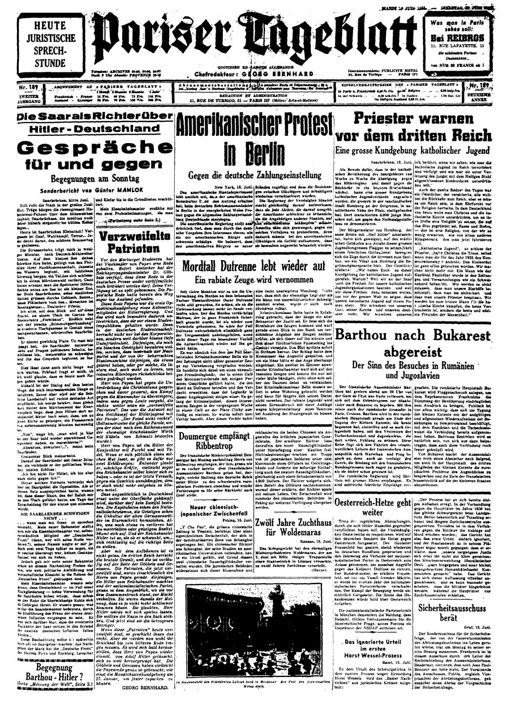 Titelseite des Pariser Tageblatts vom 19. Juni 1934. Chefredakteur Georg Bernhard erinnerte Franz von Papen daran, dass er es war, der Hitler überhaupt erst an die Macht brachte.