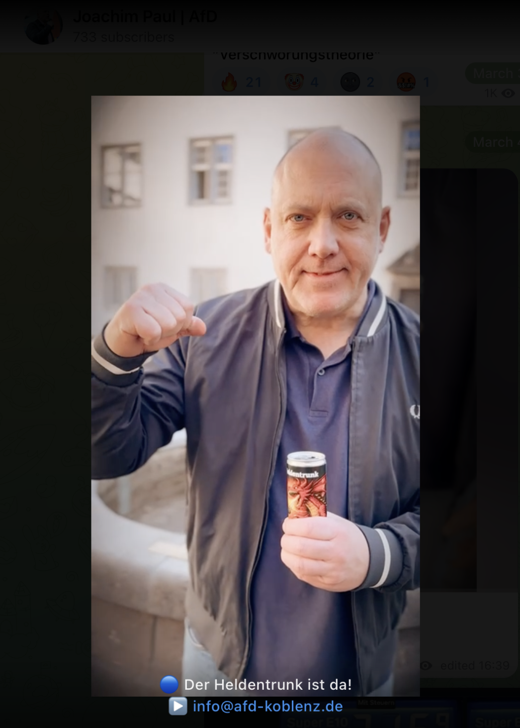Joachim Paul bewirbt den „Heldentrunk“ am 4. März auf seinem Telegram-Kanal, Screenshot vom 19.03.2026
