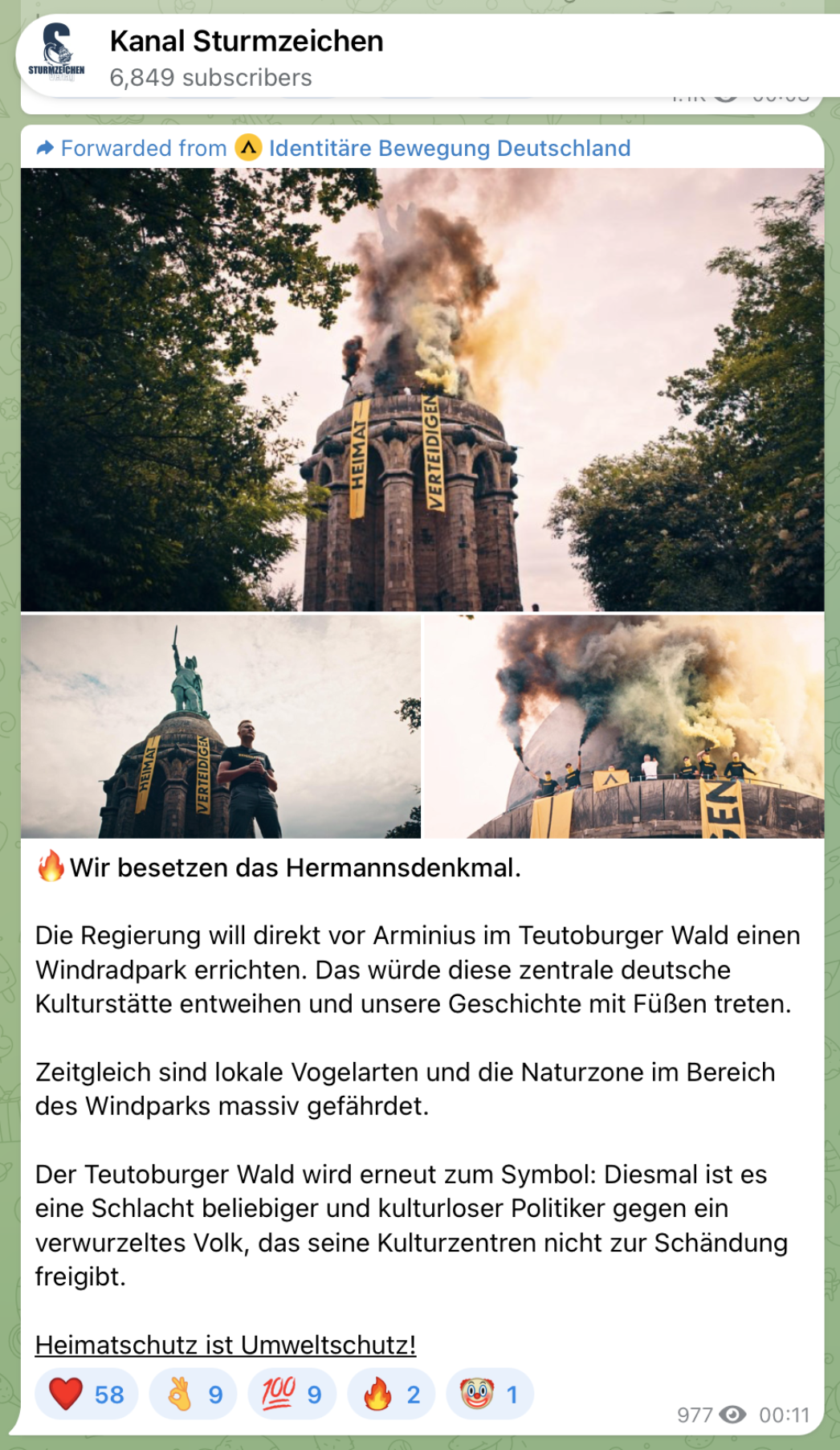 Weiterleitung des Posts der Identitären Bewegung Deutschland im Telegram-Kanal „Sturmzeichen“ am 22. Juni 2026