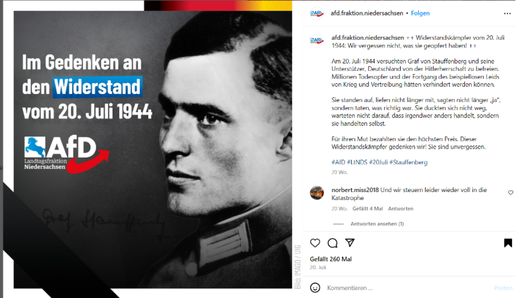 Post der Landtagsfraktion der AfD Niedersachsen vom 20. Juli 2024. 