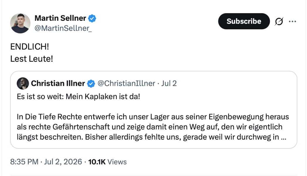 Sellner bewirbt Illners Publikation am 2. Juli 2026 bei X, Screenshot vom 3. August 2026