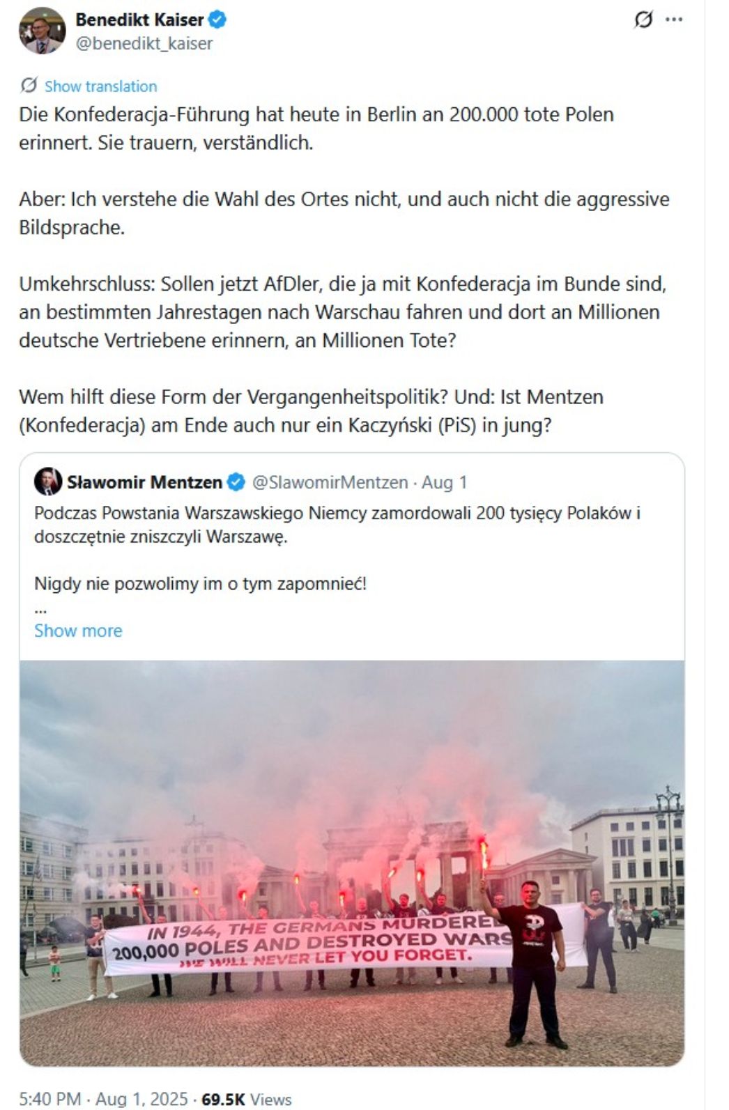 Eine Delegation der rechtsextremen Konfederacja gedachte am 01. August 2025 in Berlin dem Beginn des Warschauer Aufstands vor 81 Jahren. Eine Aktion, die von deutschen Rechtsextremist:innen massiv kritisiert wurde. 