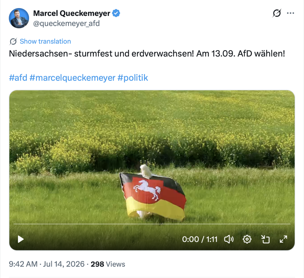Marcel Queckemeyer (MdB) wirbt bei X für die Wahl seiner Partei zur Kommunalwahl in Niedersachsen mit dem Slogan „sturmfest und erdverwachsen“, 14. Juli 2026, Screenshot vom 30.09.2026