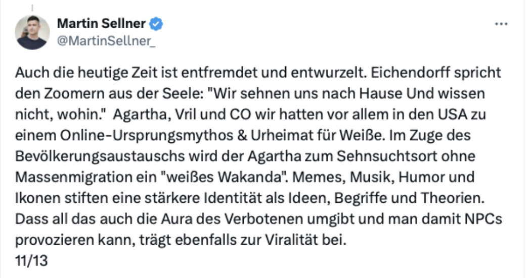 Martin Sellner lobte den Agartha-Hype auf der Plattform X als „weißes Wakanda“. 