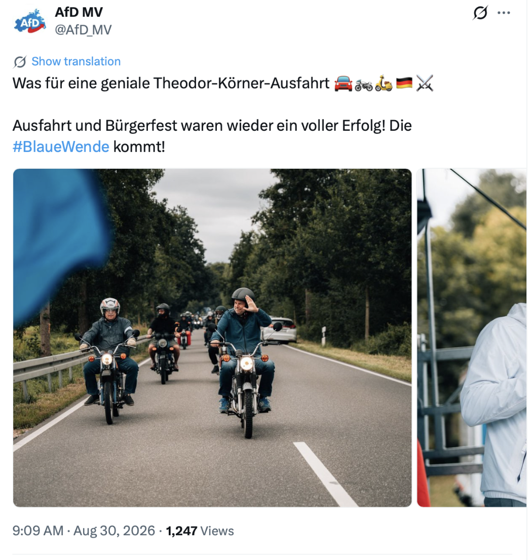 DDR-Nostalgie, Wende-Rhetorik und die Deutsche Nationalbewegung: Bei der AfD Mecklenburg-Vorpommern wird Geschichte zur willkürlichen Ansammlung von Ereignissen und Symbolen. Quelle: Screenshot, https://x.com/AfD_MV/status/2093959174401003873, aufgerufen am 03.09.2026.