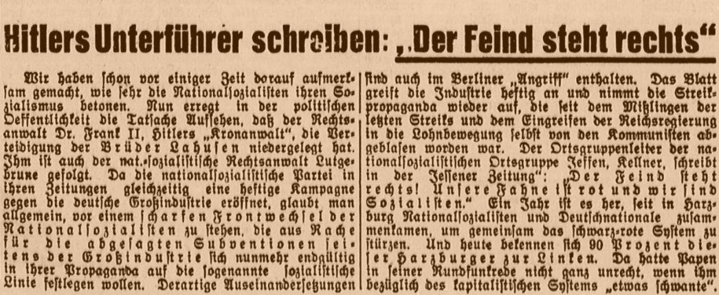 Das katholische Sauerländische Volksblatt kommentierte am 12. Oktober einem Ausspruch des Jessener NSDAP-Ortsgruppenleiters.