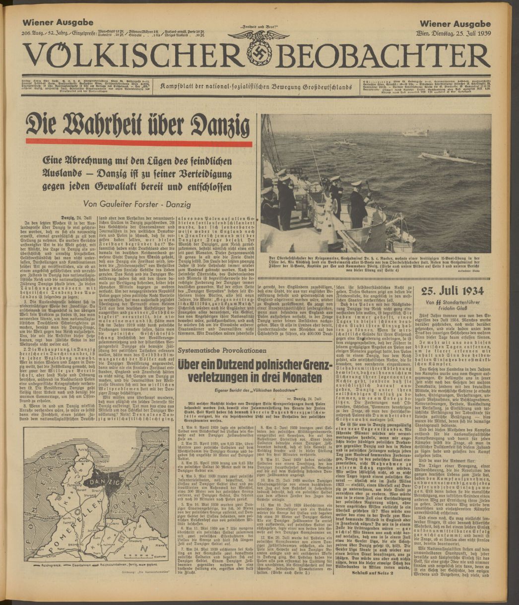 Ausgabe der NS-Propagandazeitung Völkischer Beobachter vom 25. Juli 1939, einen Tag nach dem die deutsche Seite das britische Angebot ausgeschlagen hatte. Der Leitartikel stammt vom Danziger Gauleiter Albert Froster.