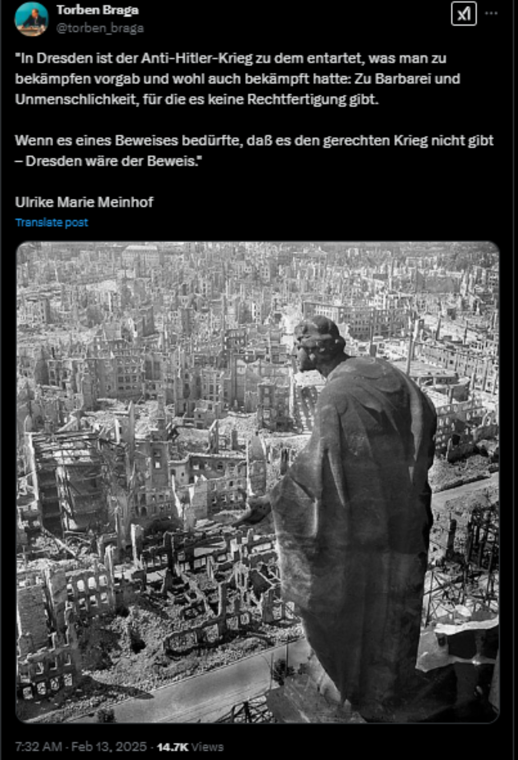 Torben Braga verbreitete im Februar 2025 geschichtsrevisionistische Mythen über die Bombardierung Dresdens. Der Mythos Dresden 1945 gehört mittlerweile fest zum Kanon des Geschichtsrevisionismus der AfD. 