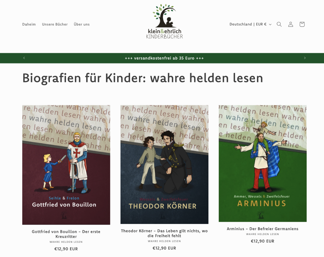 Buchreihe „wahre helden lesen“ vom Verlag klein&ehrlich, Screenshot vom 19.03.2026