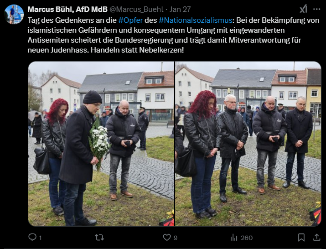 Marcus Bühl nutzte die städtische Gedenkveranstaltung für die Opfer des Nationalsozialismus am 27. Januar 2025 in Ilmenau, um Stimmung gegen die Einwanderungspolitik zu machen, die er für den angestiegenen Antisemitismus in Deutschland verantwortlich machte. 