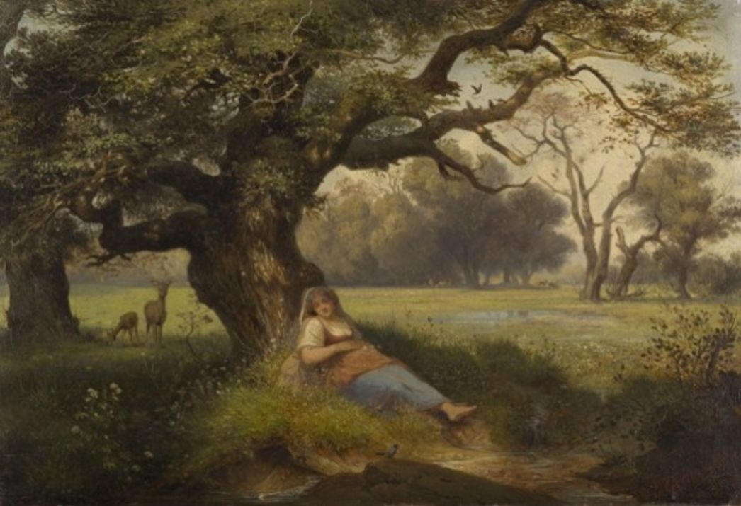 Ein Mädchen liegt schlafend auf dem Waldboden, umgeben von Bäumen und Moos; Gemälde von Ernst Ferdinand Oehme, 1853.