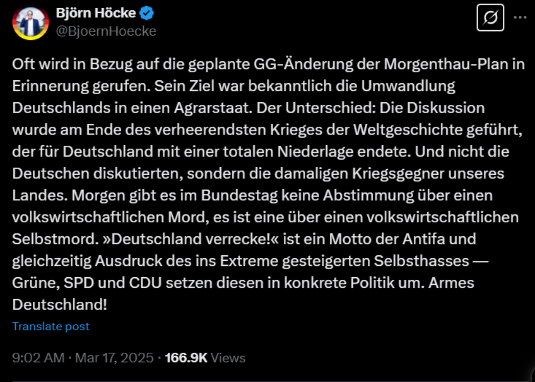 Auf X brachte Björn Höcke die geplante Gesetztesreform mit dem sogenannten "Morgenthau-Plan" in Verbindung. CDU, SPD und Grüne stellte er dabei als Erfüllungsgehilfen einer vermeintlich deutschenfeindlichen Politik dar. 