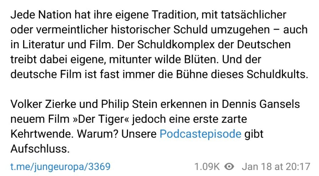 Der rechtsextreme Jungeuropa Verlag bewirbt im verlagseigenen Podcast „Von recht gelesen“ den Spielfilm als „erste zarte Kehrtwende“ im Kampf gegen den deutschen „Schuldkomplex“. 
