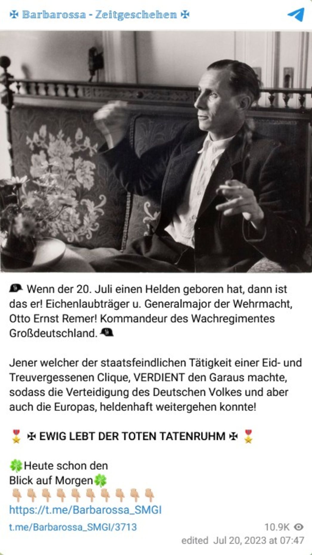 Screenshot aus einem neonazistischen Telegram-Kanal, der Ernst Otto Remer für seine Niederschlagung der "Operation Walküre" als "Held" ehrt.