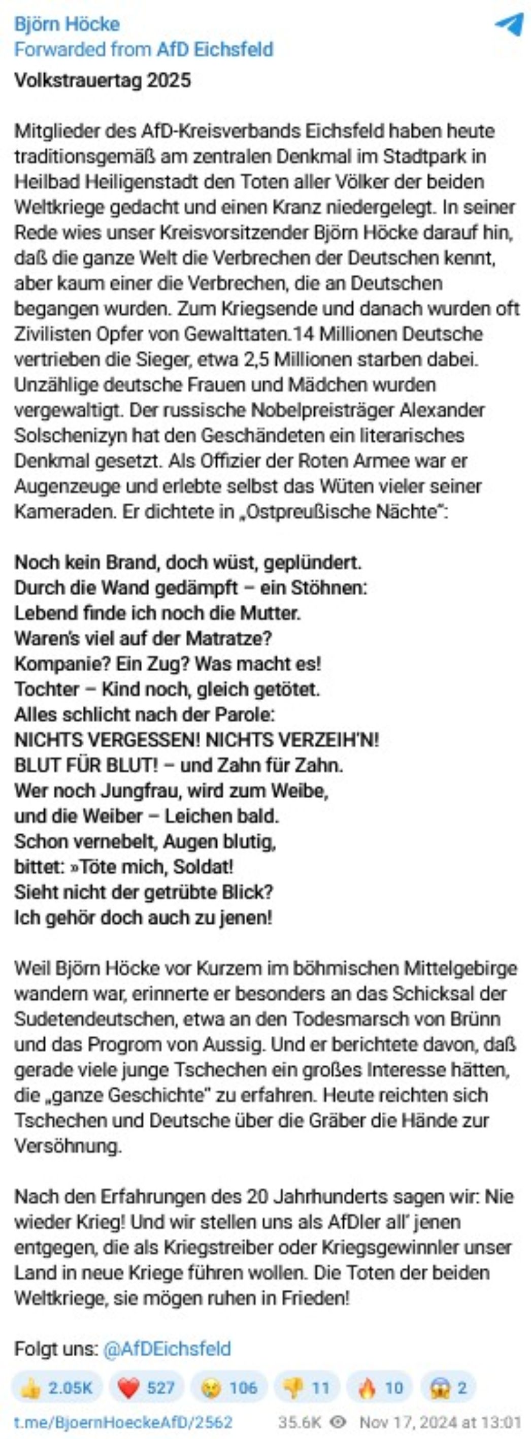 Björn Höcke repostete im vergangenen Jahr den Beitrag der AfD Eichsfeld zum Volkstrauertag 2024, in dem die Rede von 2,5 Millionen Opfern von Flucht und Vertreibung ist. In der Überschrift steht fälschlicher Weise "Volkstrauertag 2025". 